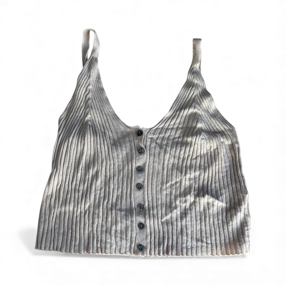 Cream colored Ribbed Button-Down juniors Top - Picture 2 of 3